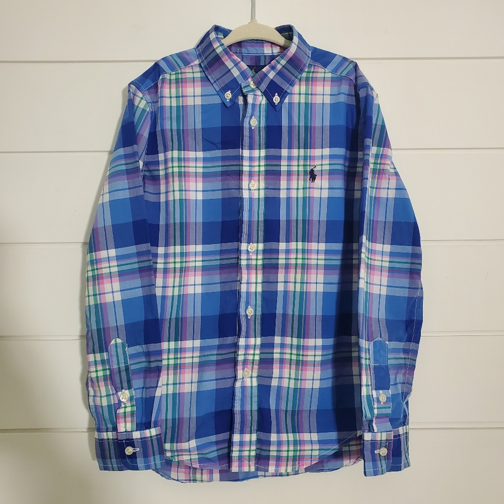 Ralph Lauren Boy  blue plaid button down shirt Oxford  Natural stretch Size 7‎